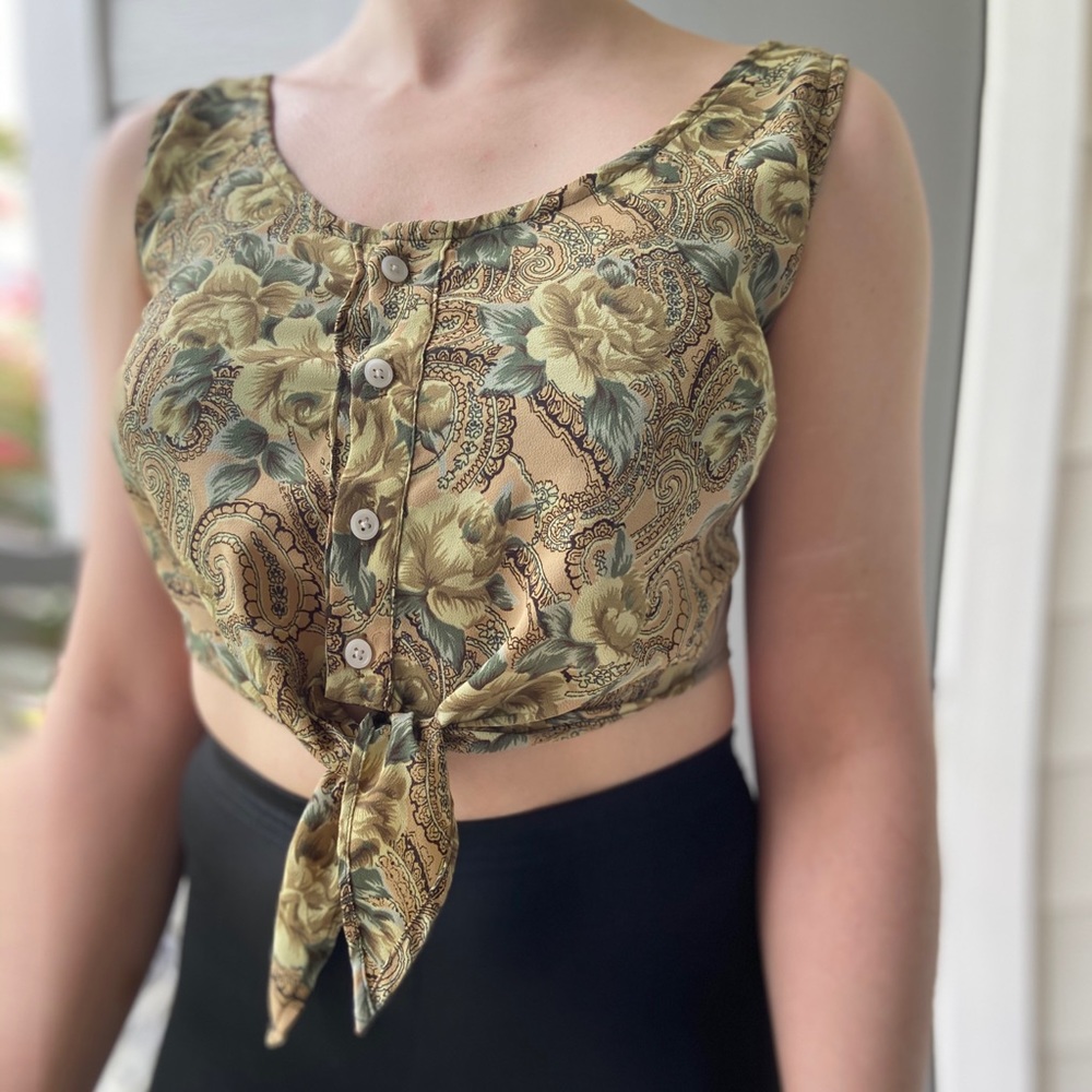 Motel Rocks Cotton Paisley Floral Tie Button Down Crop Top Emerald Size Small
